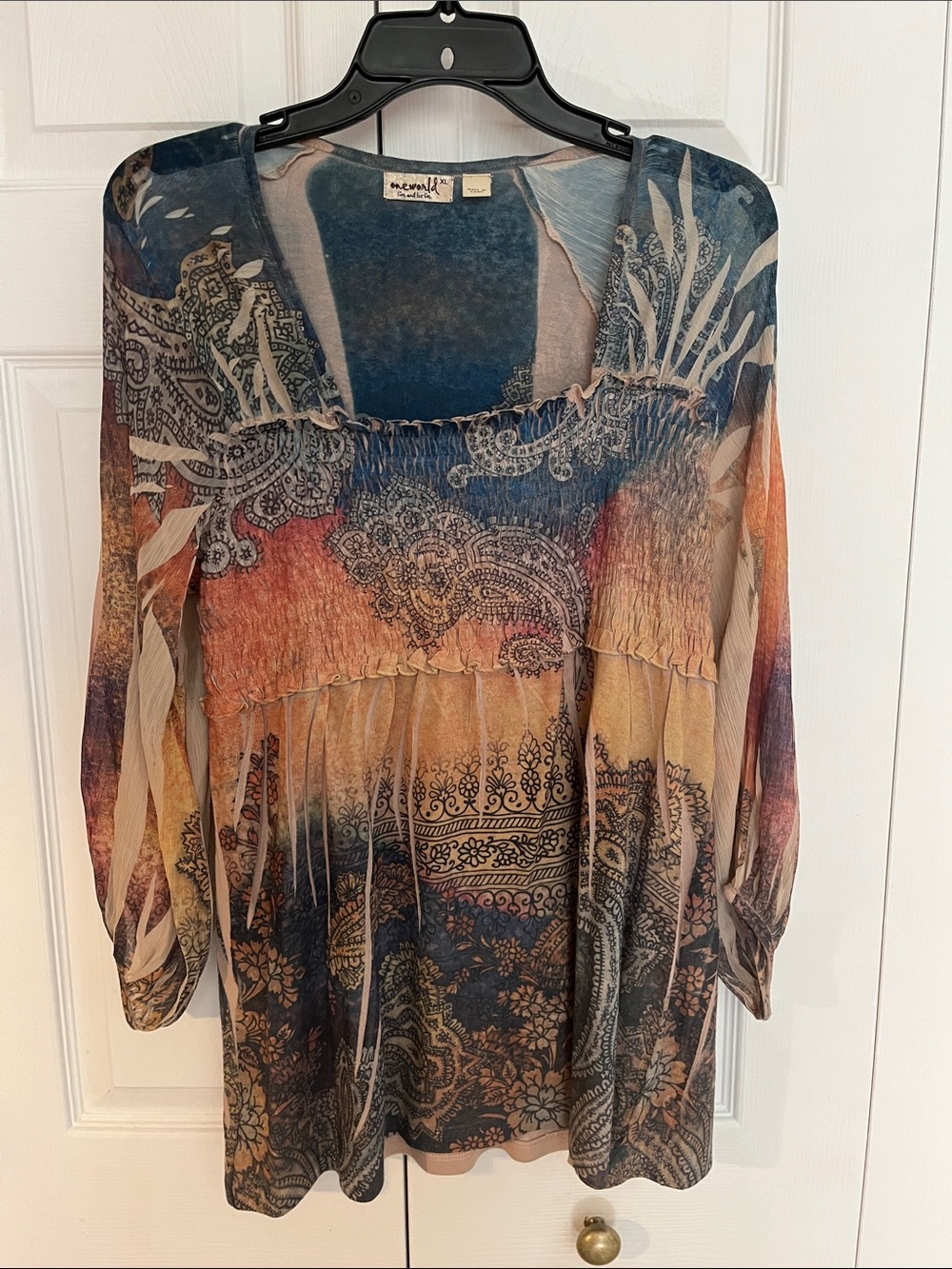 ONE WORLD Multicolor Paisley & Floral Smocked Tunic - Blue, Orange, Yellow